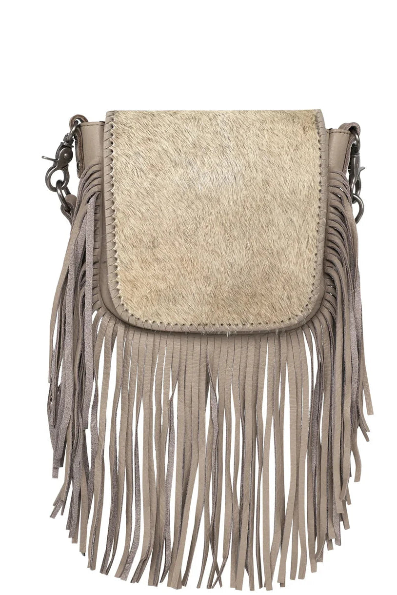 Trestles Clothing Company square crossbody bag in beige hair-on cowhide leather with long Western fringe trim